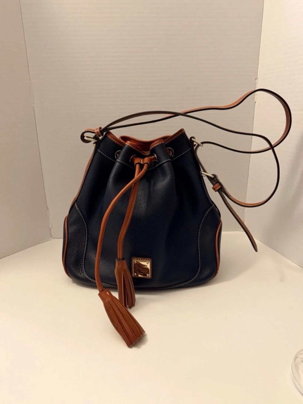 Dooney & Bourke Midnight Blue Pebbled Leather Drawstring Bucket Bag R1556 MD